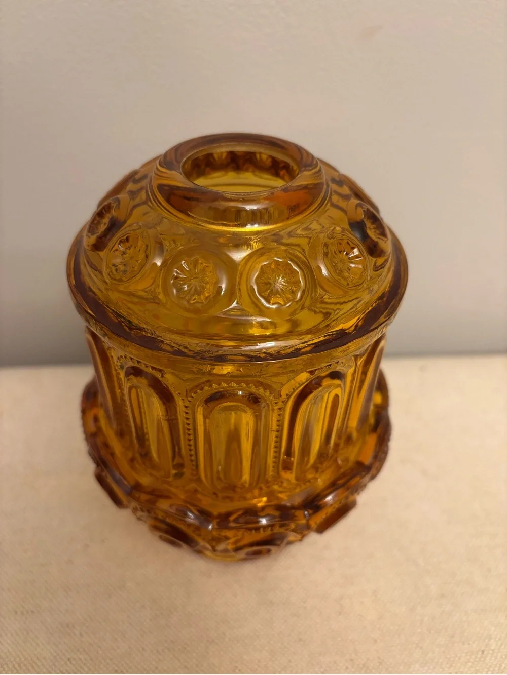 VTG MCM  L.E. SMITH AMBER GLASS MOON & STARS FAIRY LAMP 6 1/4
